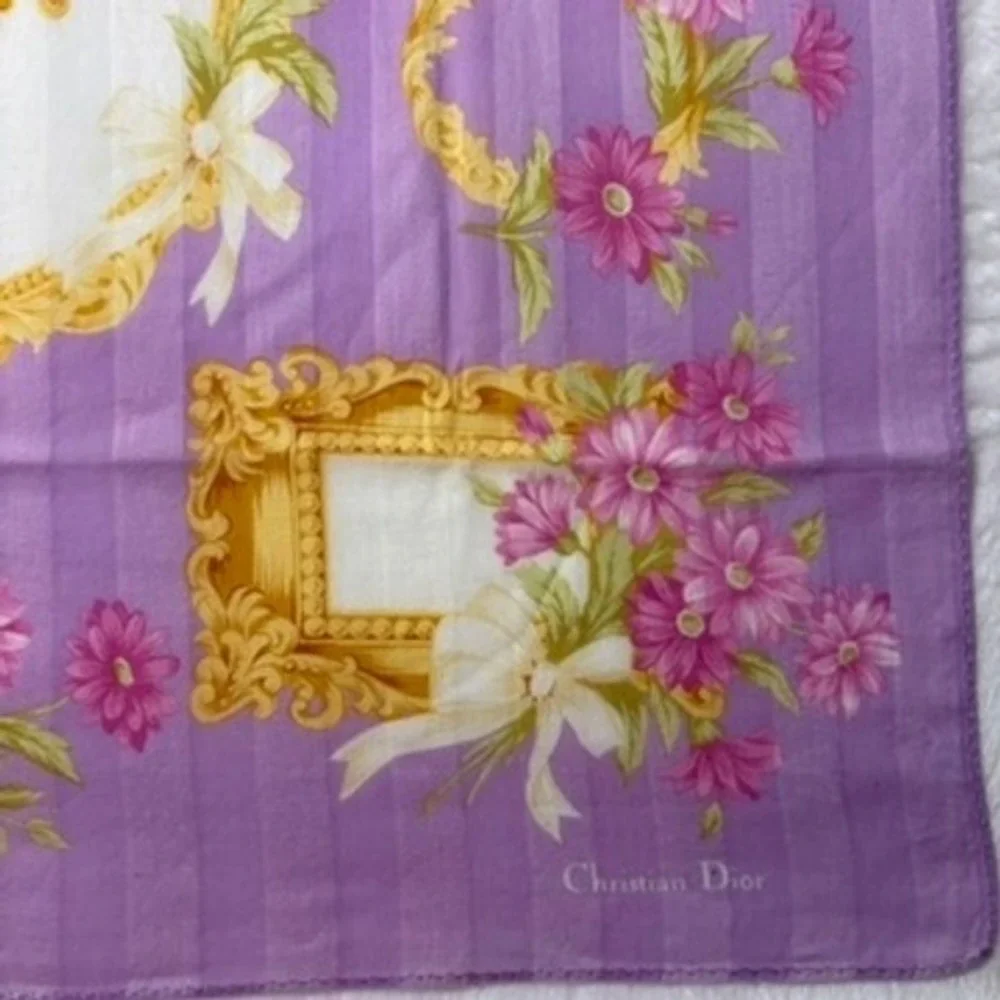 Vtg CHRISTIAN DIOR Scarf Handkerchief Floral Purple Gold 18.5